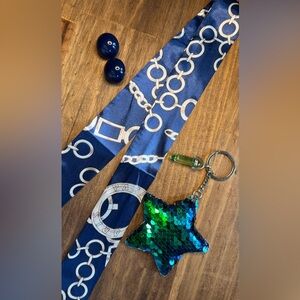 Blue & Green 3 Piece Set w/ Vintage Blue Earrings, Sequin Star Charm & Twill